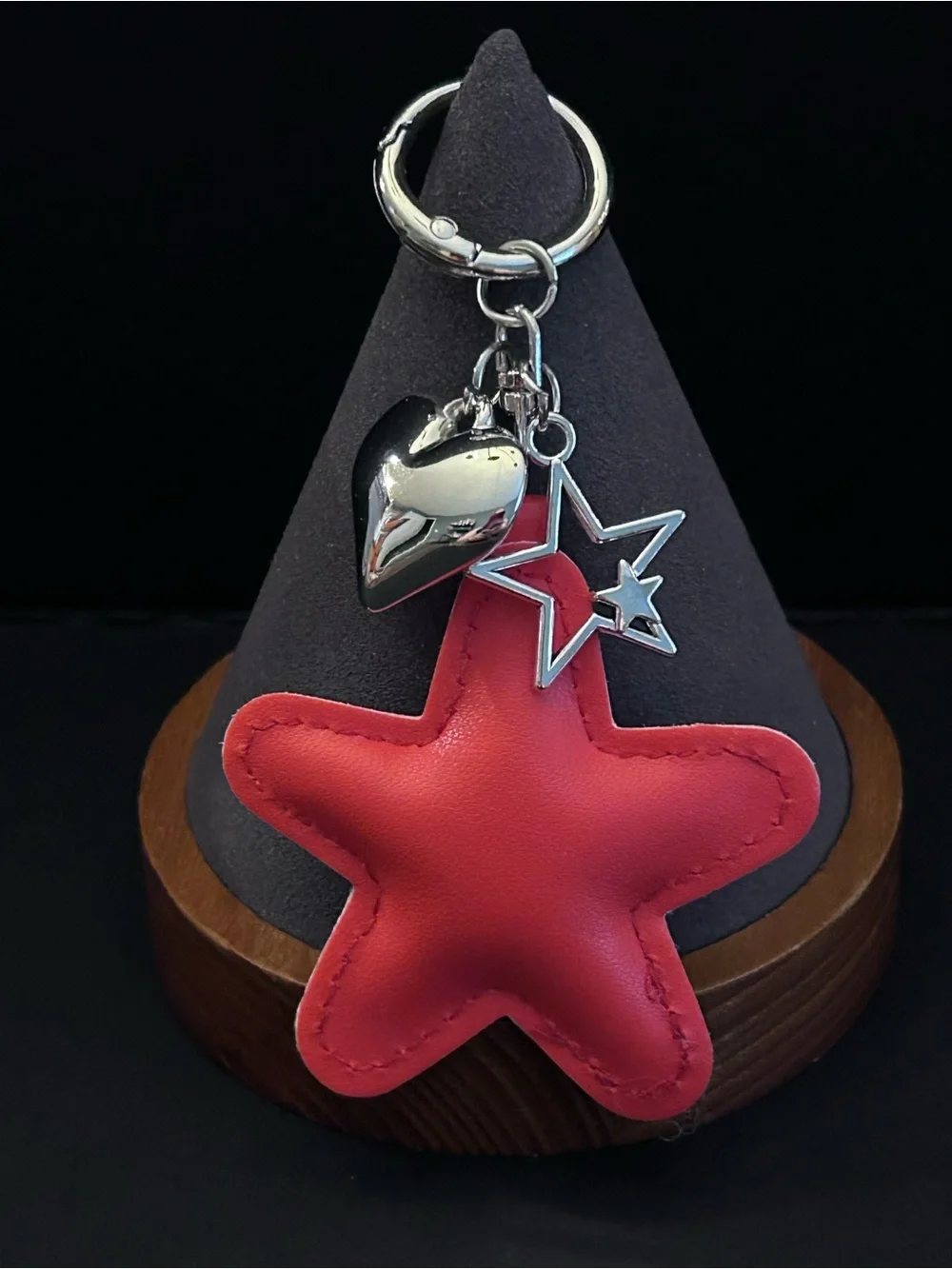 FauxLeather Star Bag Charm Keychain w/Silver Heart & Star Charms Choice of Color